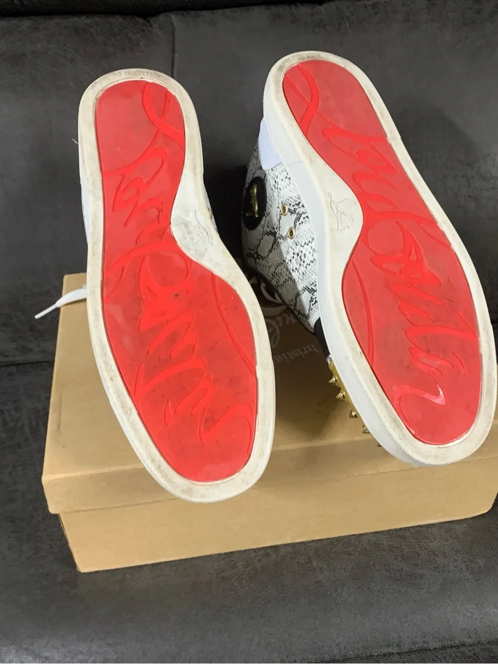 Christian Louboutin Snake-Print High-Top Sneakers with Gold Spike Toe